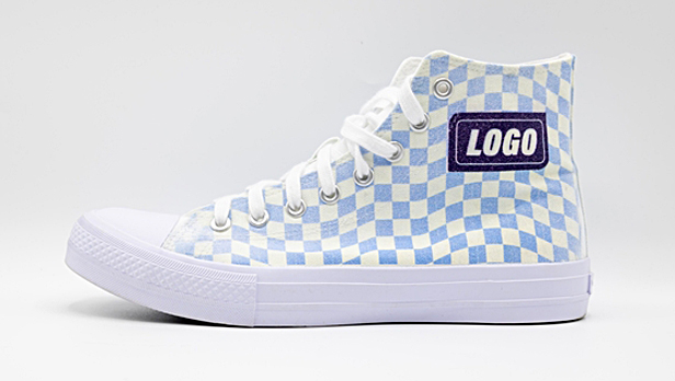 blue-checkered high-top sneakers