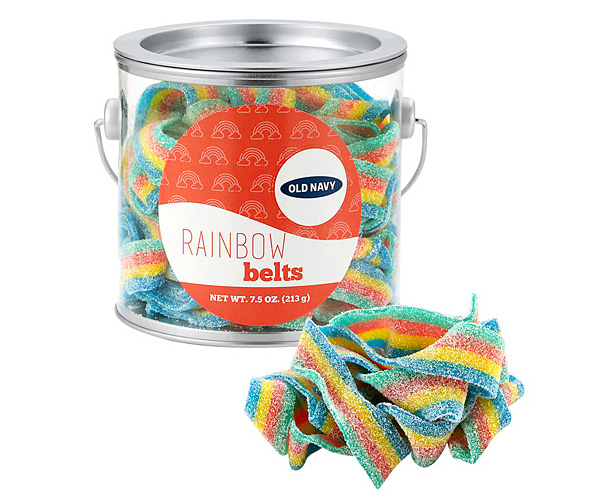rainbow, sugared gummy belts in clear pail