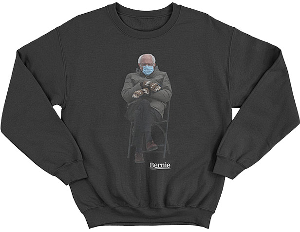 Bernie Sanders wearing mittens on black sweatshirt