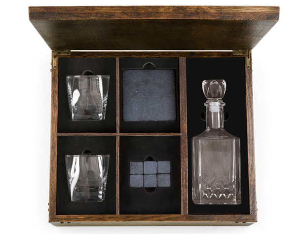Wooden box with decanter and glasses