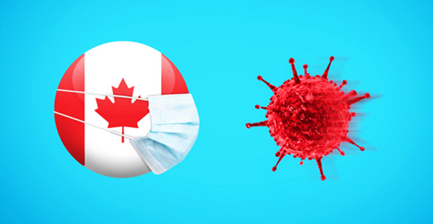 Canada flag wearing mask looking at Coronavirus