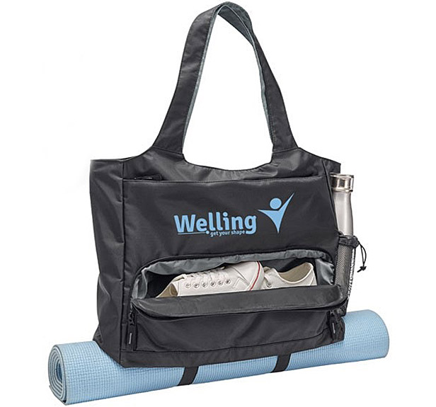 Yoga tote shown with yoga mat and sneakers