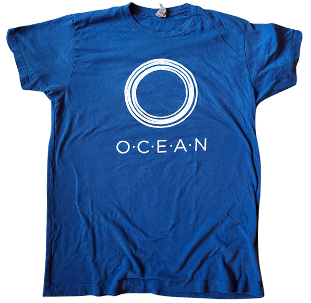 Royal blue t-shirt with Ocean text and logo in center