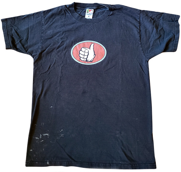 Dark blue t-shirt with thumbs-up logo in center