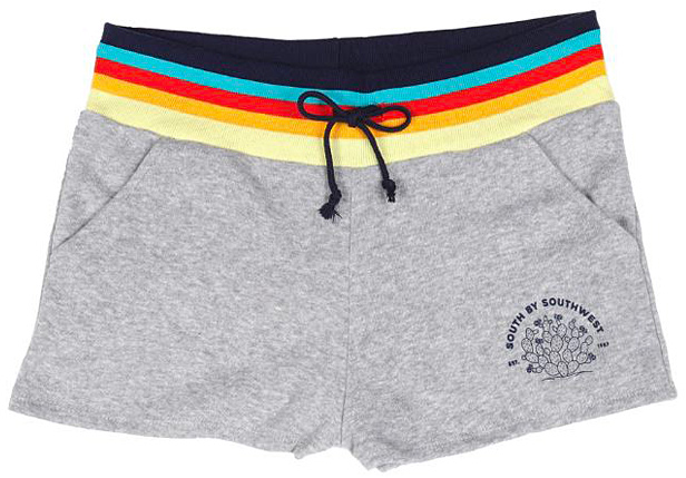 Gray drawstring sweat shorts with colorful stripes at top and SXSW logo on left leg