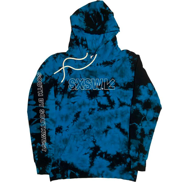 Black & blue tie-dye hoodie with SXSW logo in center