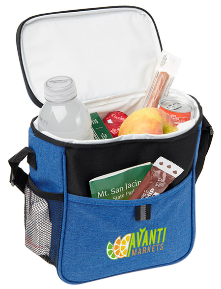 Blue cooler lunch bag stuffed with food and drinks.