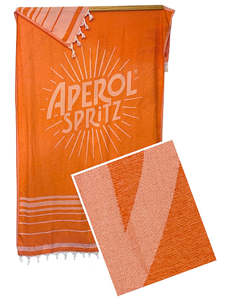 Orange beach towel with Aperol Spritz logo