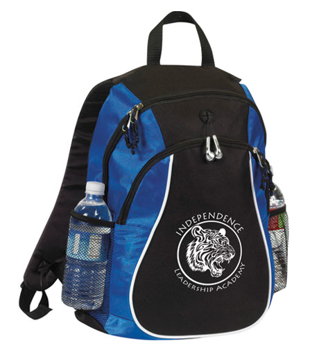 Black and blue backpack with school logo