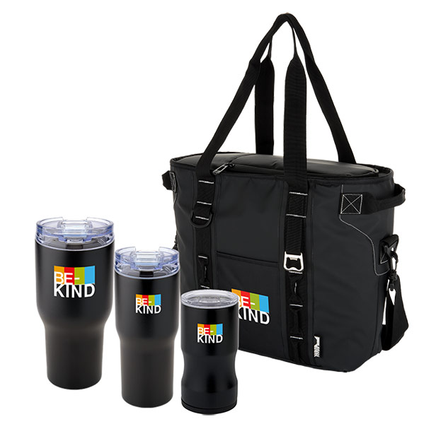 Black cooler with three tumblers