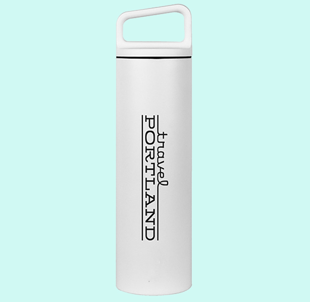 white tumbler with logo