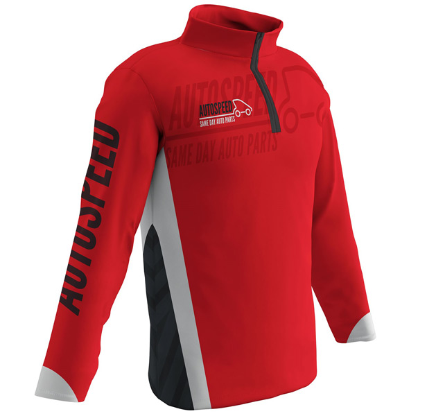 red, black and gray quarter-zip pullover