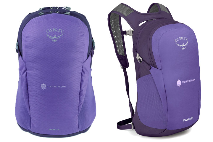 purple backpack, front and side view