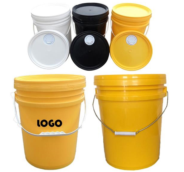 yellow 5-gallon plastic bucket with lid