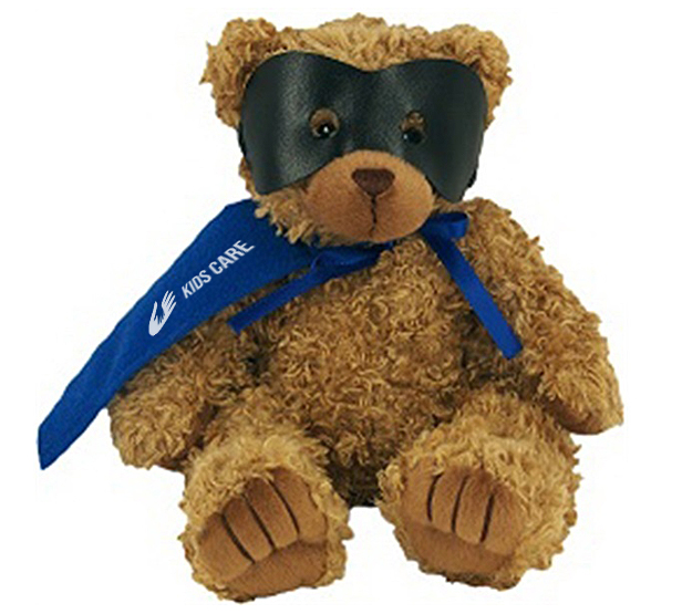 teddy bear wearing black mask and blue cape