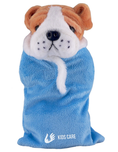 plush puppy in a baby blue sleeping bag