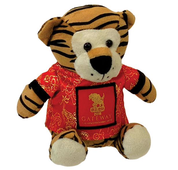 plush tiger wearing red Chinese New Year shirt