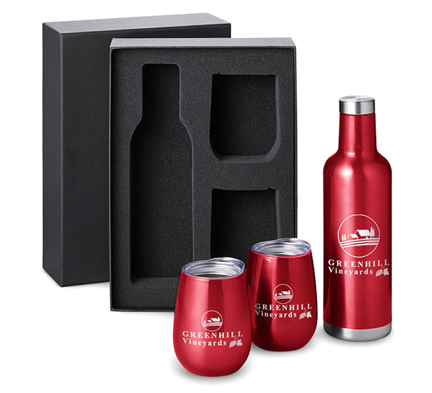 beverage set with steel wine bottle and glasses