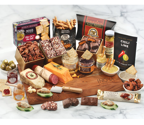 charcuterie & cheese assortment on wooden board