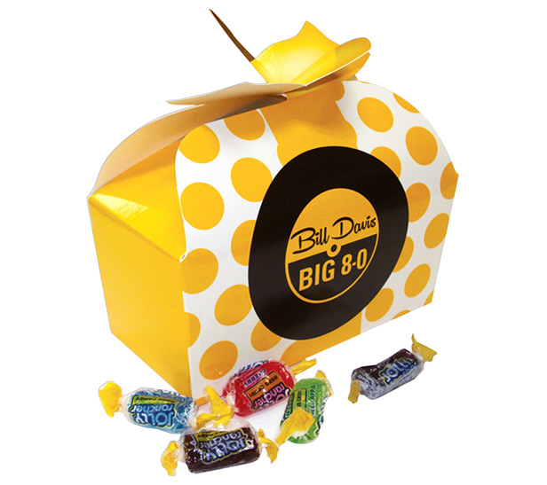 white and yellow polka-dot ribbon box