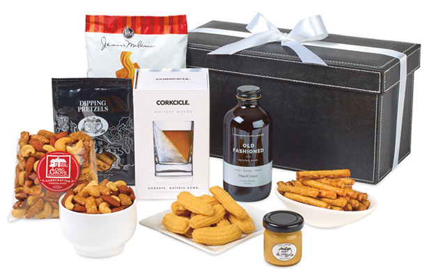 gift set including nuts, whiskey, pretzels