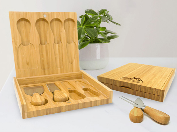 bamboo cheese board with utensils