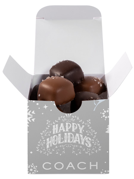 sea salt caramels in a silver holiday box