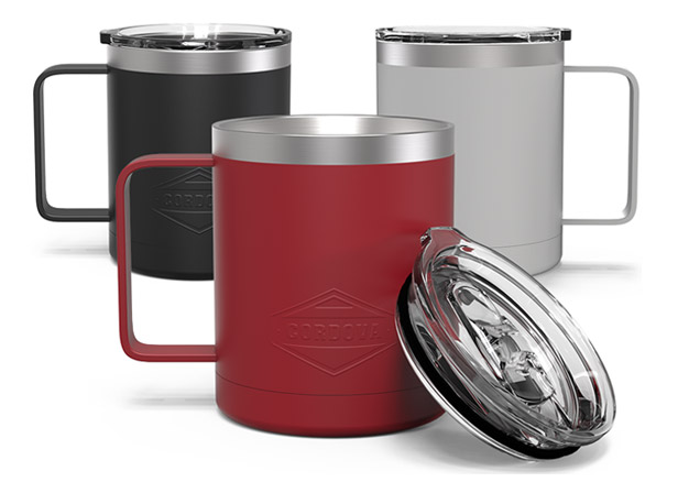 insulated camp mugs with lids, black, red and gray