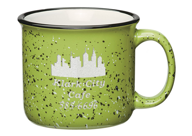 green camp mug with black speckles