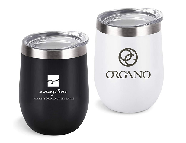 one black and one white insulated wine tumbler with lid