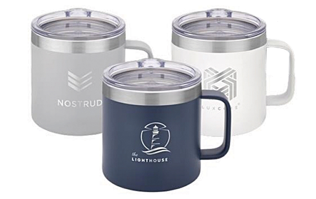 three camp mugs with lids, gray, blue and white