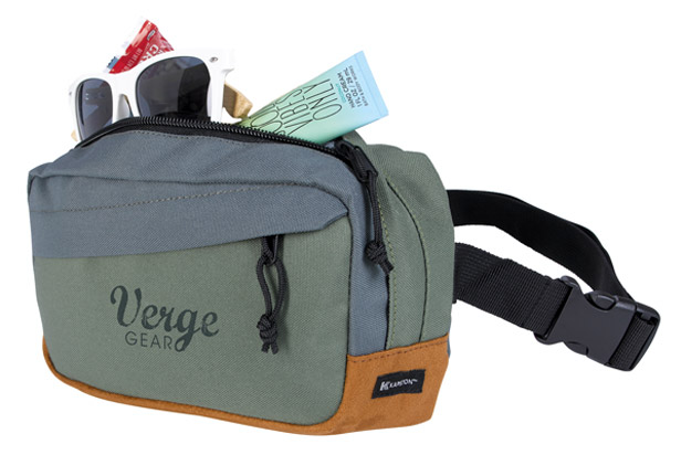 eco-friendly fanny pack with items coming out of zipper