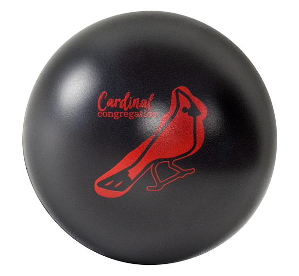 black stress ball with red cardinal imprint