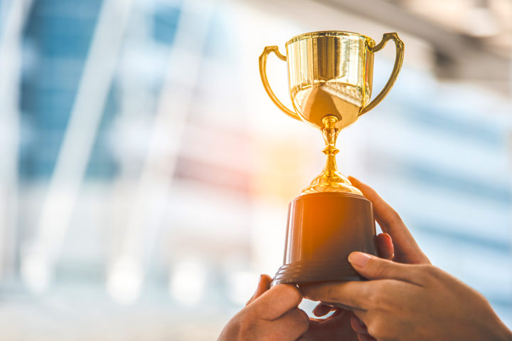 trophy award being held up