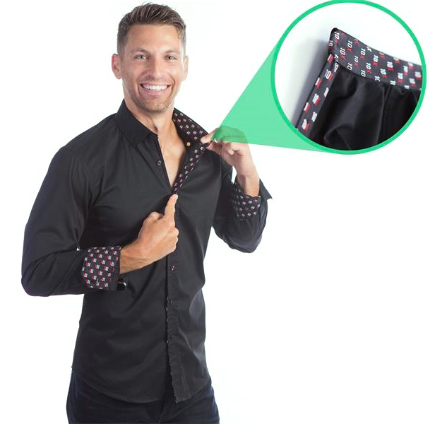 man wearing black dress shirt with digital printed collar and cuffs