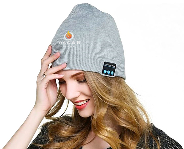 woman wearing bluetooth beanie hat