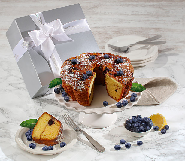 blueberry bundt cake and decorative box