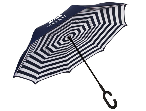 blue striped umbrella with c-shaped handle