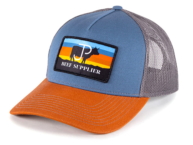 blue and orange trucker cap with mesh back