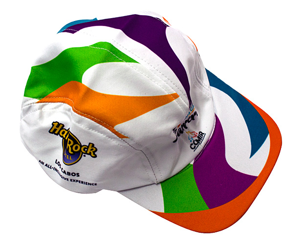 four-panel cap featuring colorful sublimation and Hard Rock logo