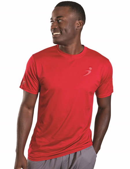 man smiling looking to side, wearing red performance t-shirt