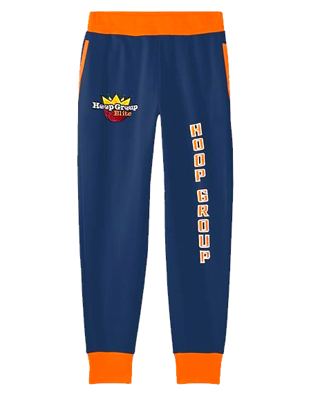 blue jogger pants with orange trim