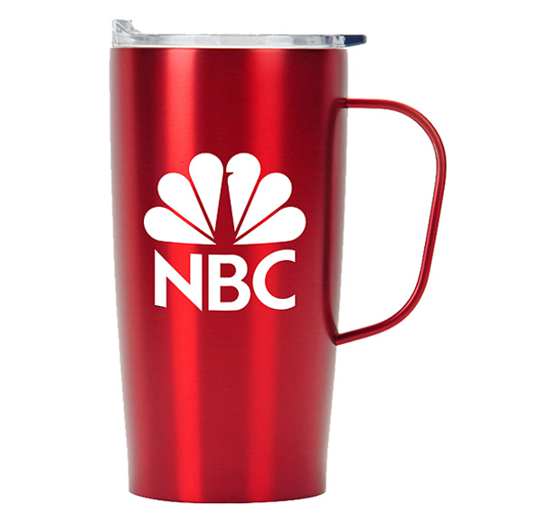red stainless-steel travel mug featuring white NBC logo