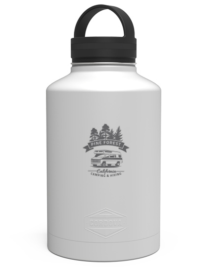 white 64-ounce water bottle with black handle lid