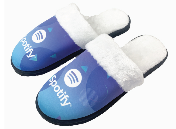 blue slippers with white faux fur inside