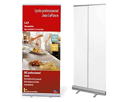 retractable trade show sign, front and back view