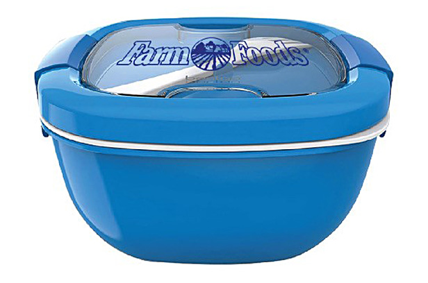 salad container with fork in lid, blue