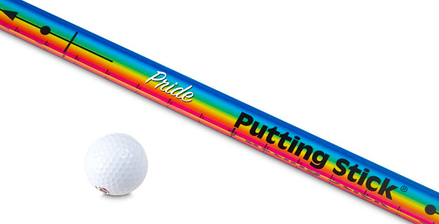 rainbow colored putting stick and golf ball