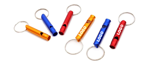 aluminum whistle key rings, red, orange and blue colors shown