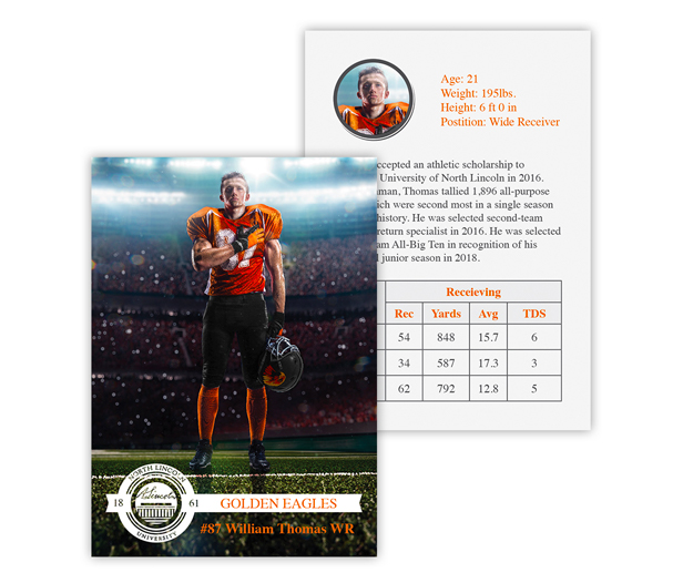 customized athletic training card featuring young football player